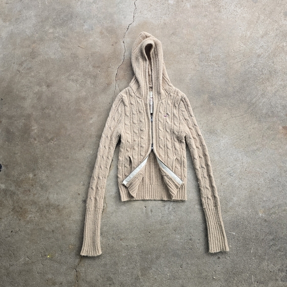Hollister Jackets & Blazers - Vintage Y2K Hollister Hoodie Chunky Cable Knit Full Zip Jacket Sweater Swan L